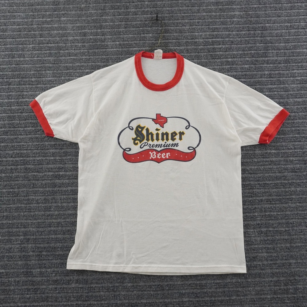 Vintage 80s Thin Velva Sheen Shiner Beer Ringer T-Shirt XL White Texas Brewery
